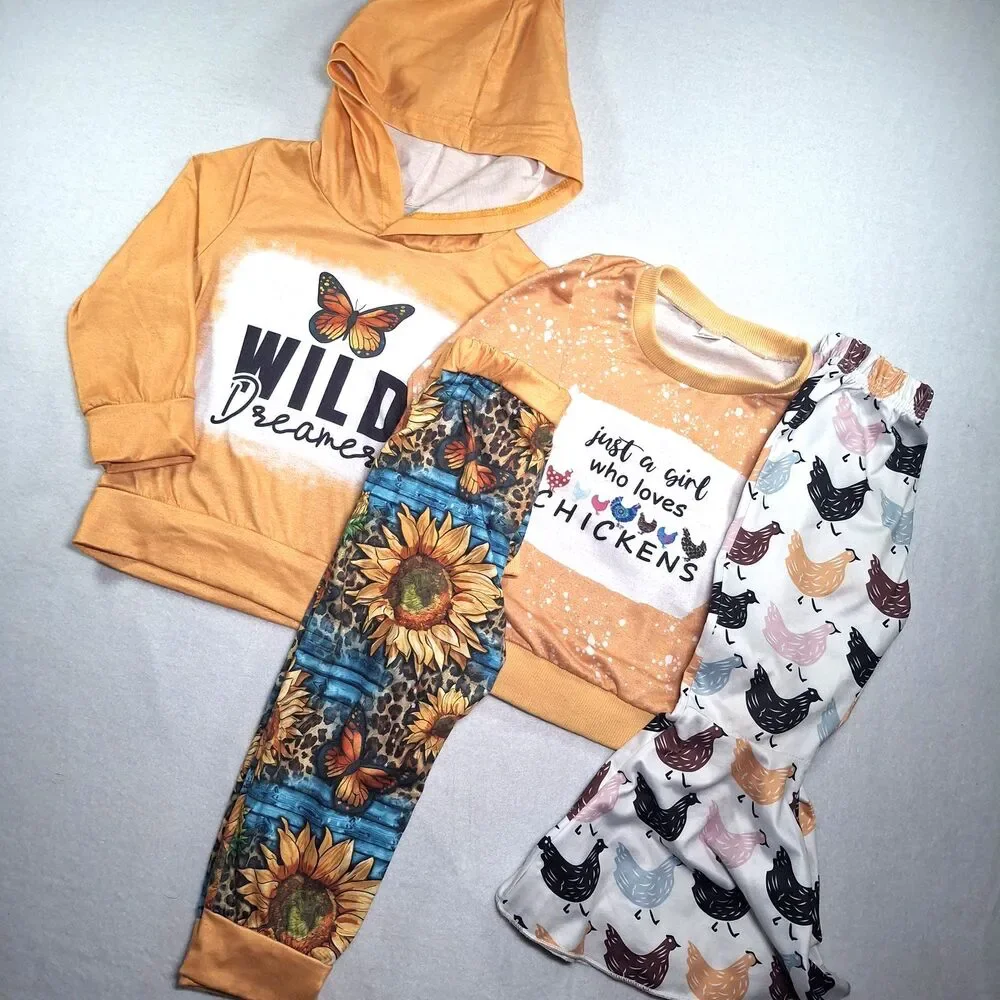 Western Kids Bundle: Wild Dreamer Sunflower Hoodie & Chicken Flare Pant Outfits